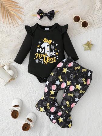 3pcs/Set New Year Letter Romper Long Sleeve Crew Neck, Cute Balloon Print Flared Pants And Headband Set, Suitable For Spring/Autumn Outdoor Sports And Casual Daily Wear