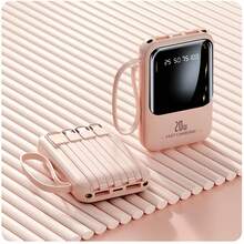 Mini Cargador Portátil Rápido de 20,000Mah 5V2A, Cargador de Teléfono Multifuncional de Alta Capacidad, Cable Desmontable 4 en 1, Luces LED Ultra Brillantes, Batería Esencial para Viajes, Pantalla Inteligente Digital, USB-C - Rosa Pálido - Ver 1