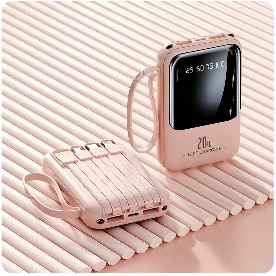 Mini Cargador Portátil Rápido de 20,000Mah 5V2A, Cargador de Teléfono Multifuncional de Alta Capacidad, Cable Desmontable 4 en 1, Luces LED Ultra Brillantes, Batería Esencial para Viajes, Pantalla Inteligente Digital, USB-C - Rosa Pálido - Ver 1
