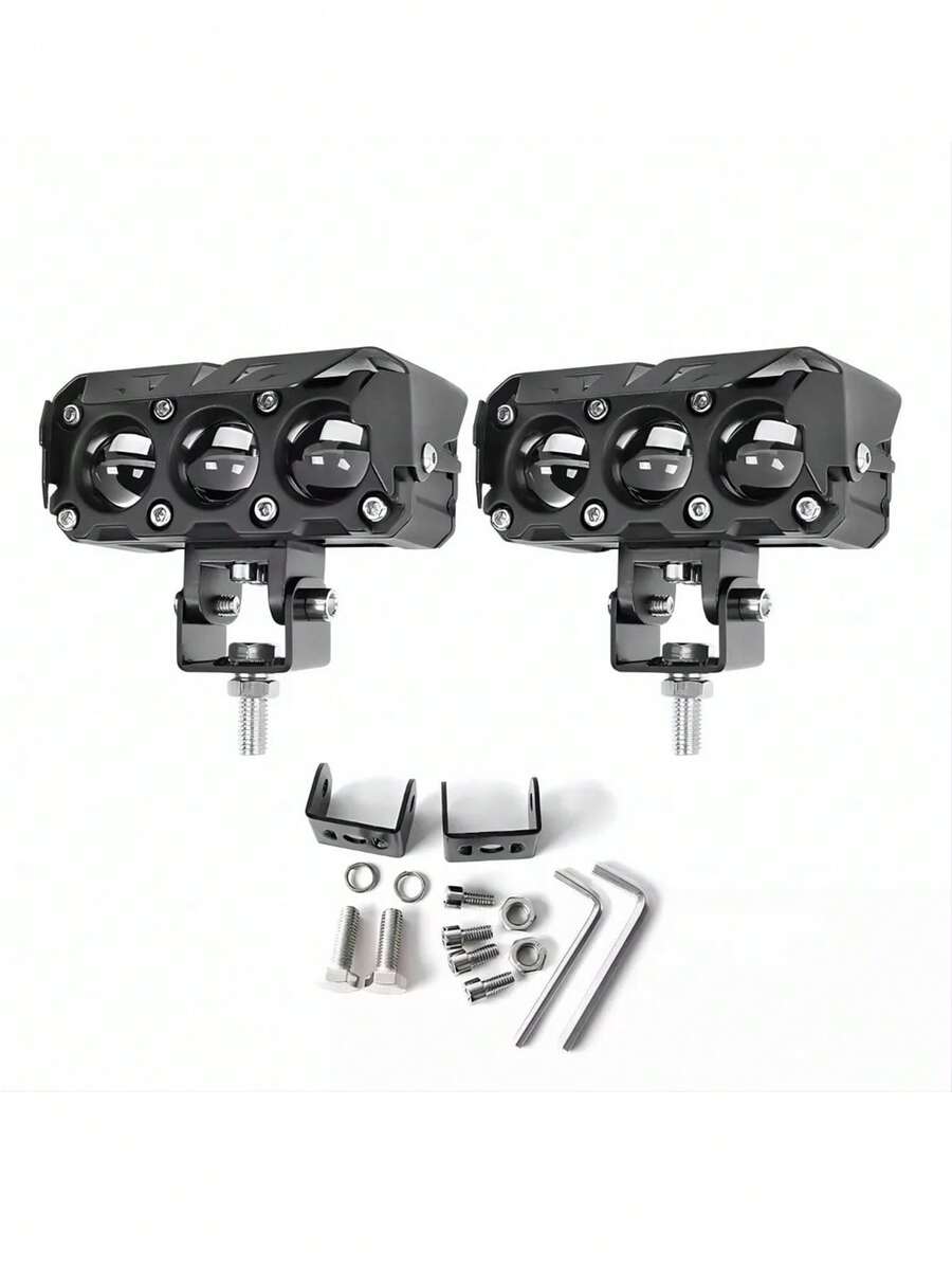 Dual Lens Headlight With LED Work Light, Fog Light, Bi-Color Motorcycle Lights, Spotlight, High/Low Beam - Black - View 1