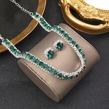 2pcs/Set Green Square Earrings & Necklace With Rhinestones, Elegant Earring Chain Jewelry Set For Women, & Versatile - Dark Green - View 2