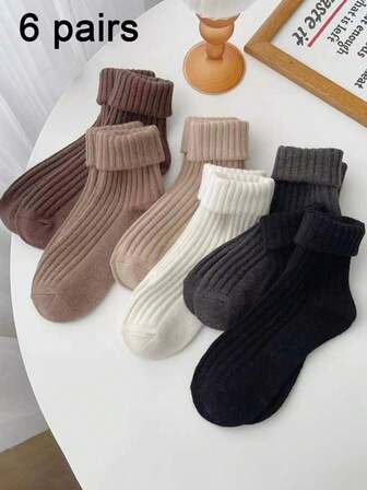 6 Pairs Women's Solid Color Mid-Calf Socks - Warm, Comfortable, Soft - Suitable For Everyday Wear, Home, And Sleep In Autumn/Winter