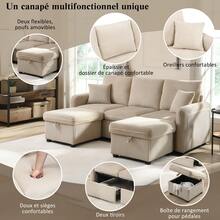 Multifunctional Corner Sofa, U-Shaped Three-Seater Upholstered Sofa With Storage Function – Including Drawers And Ottoman With Storage Compartment, Modular Sofa Set With Sleeping Function, Corduroy Fabric - 米色 - 查看 4