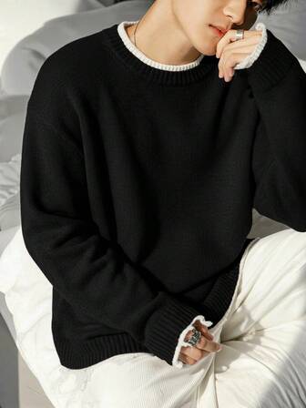 Pull tricoté à encolure ras du cou unisexe, style casual, avec patchwork et ourlet déchiré, manches longues, coupe ample, convient pour l'automne et l'hiver