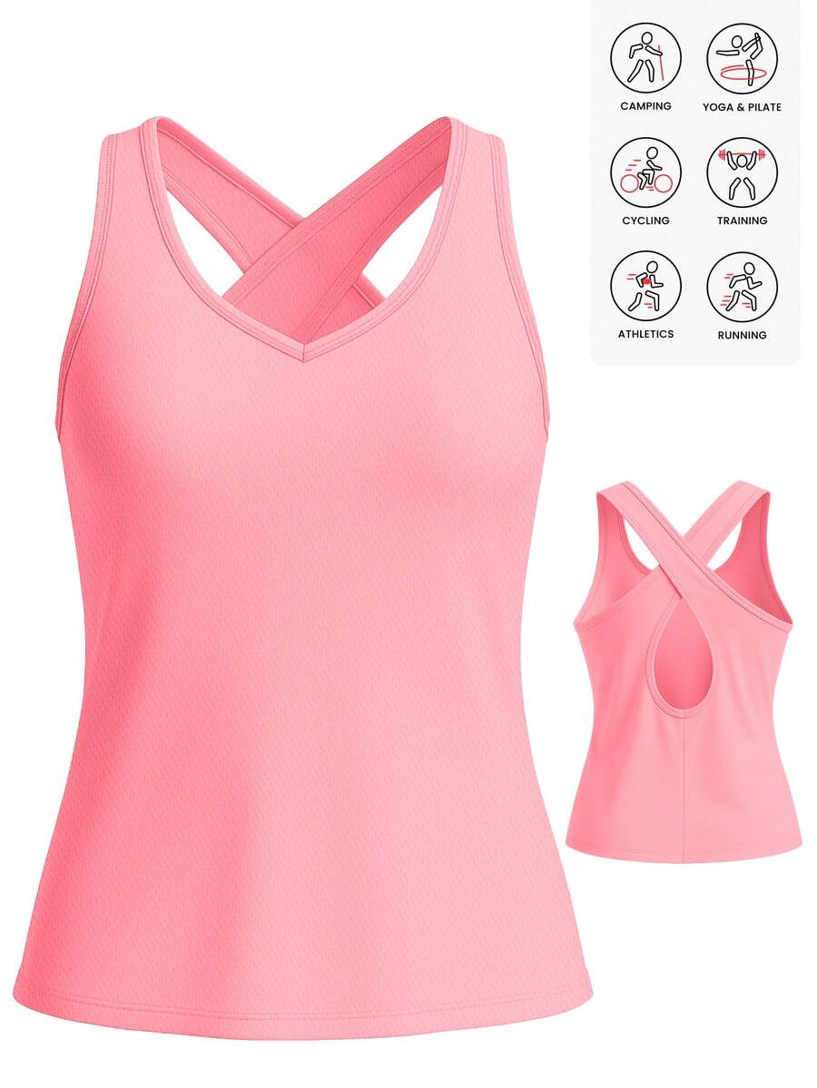 Áo tank top thể thao nữ dây chéo, áo tập luyện không tay, áo chạy bộ và áo mặc thường ngày màu hồng thể thao mùa hè - Hồng - Xem 1