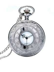 Vintage Men's Black Dial Pocket Watch With Chain, Retro Roman Numeral Watch, Gift For Him - Silver - View 2