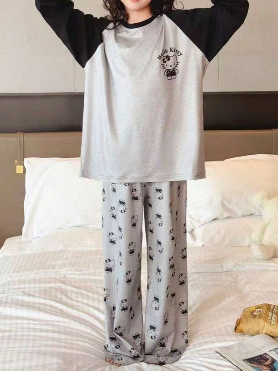 Sanrio طقم ملابس داخلية حرارية مبطنة للفتيات من كرتون سانريو كيتي توين مكون من قطعتين، لباس علوي بأكمام طويلة وبنطال، ملابس ناعمة ومريحة للفتيات لفصل الخريف/الشتاء