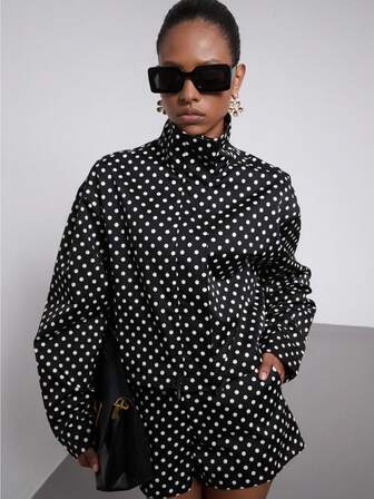 Se-Hore Fashion Women's Autumn New Arrival Clothing, Back To School/College Outfit, Street Style, Autumn/Winter Fashion Outfit, European & American Style Retro Polka Dot Stand Collar Bomber Jacket