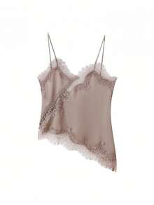 Women Satin Tops Y2K Lace Trim Camisole Asymmetrical Hem V-Neck Patchwork Tank Tops Spaghetti-Strap Backless Crop Tops Elegant Fashion Loose Cami Shirt Summer Blouse For Streetwear - 淺棕色 - 查看 4