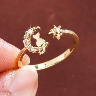 1pc Elegant Moon & Cat Design Cubic Zirconia Inlaid Adjustable Ring For Women