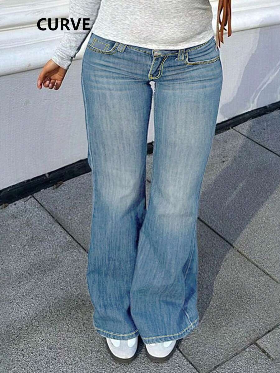 Quần jeans ống loe cỡ lớn dành cho nữ, dáng dài, có túi, cúc, khóa kéo và chất liệu co giãn. - Rửa trung bình - Xem 1