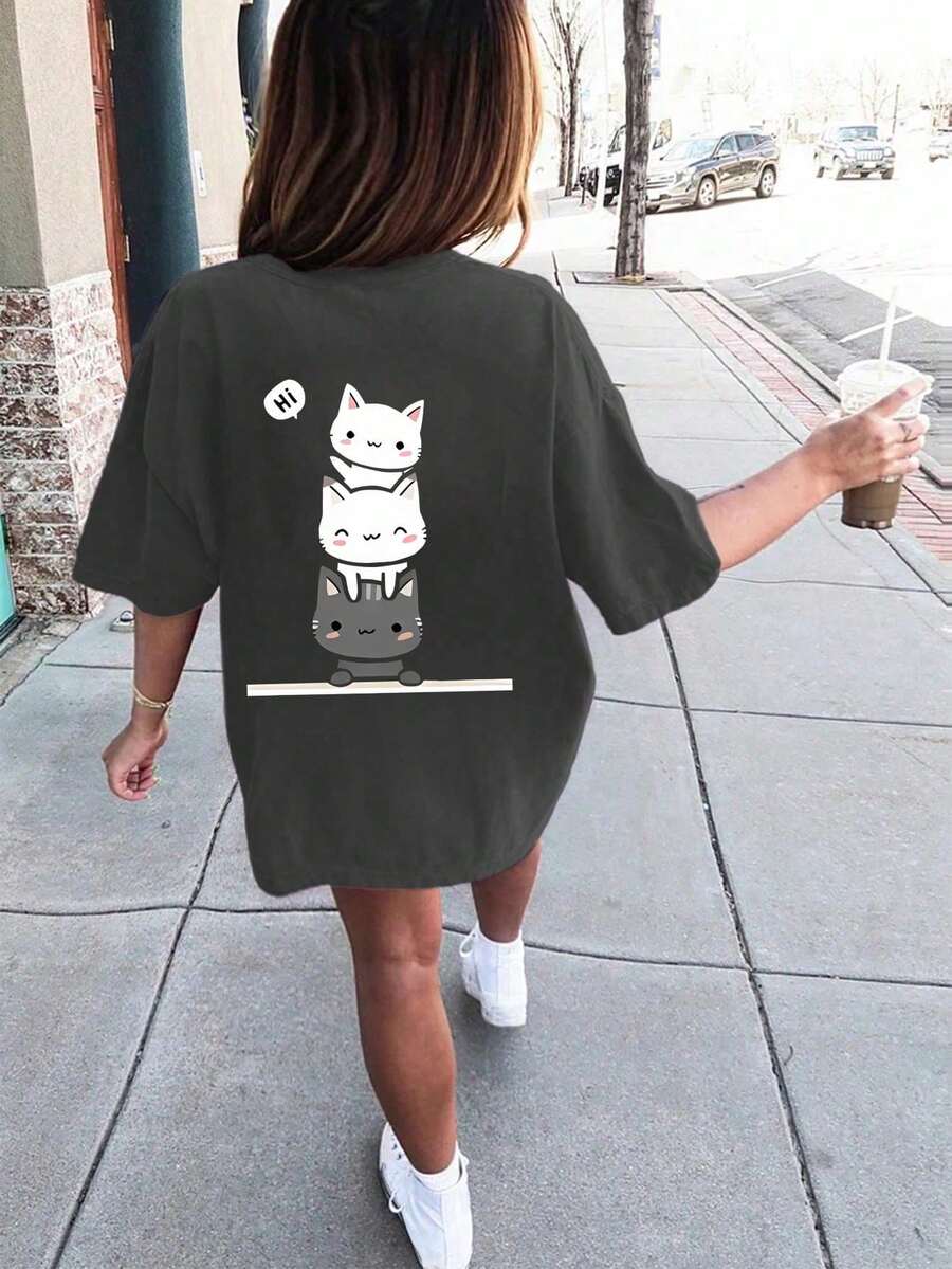 Tween 女童休闲猫咪印花圆领短袖 T 恤上衣,夏季 - 深灰色 - 查看 1