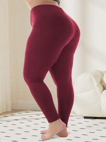 大码女式纯色亲肤修身高腰弹力打底裤，柔软弹力瑜伽裤，休闲运动紧身裤，基础修身款式 - 紅色 - 查看 5