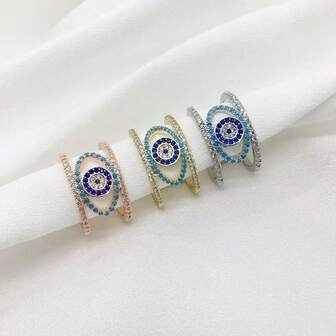 1枚3A级镶嵌锆石宽版恶魔之眼开口戒指，女士波西米亚Y2K奢华个性时尚可调节戒指，适合日常、休闲、派对、度假佩戴