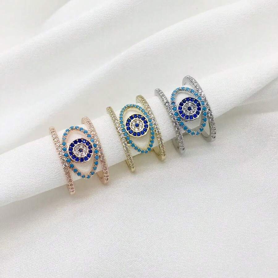 1 Stück 3A Zirkonia-eingelegt breiter Teufelsaugen-Offener Ring für Frauen, bohemian Y2K luxuriöser personalisierter modischer verstellbarer Bandring, geeignet für täglich, Lässig, Party, Urlaubsmode - Verschiedenfarbig - Übersicht 1