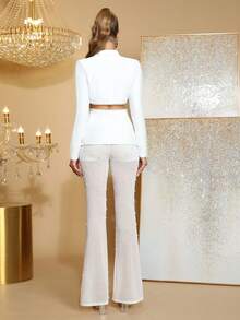 New Women's White 2 Pieces Set With Sexy Three-Dimensional Flower Splicing Long Sleeved Suit Jacket And Handmade Beaded Pants, Fashionable Party Formal Dinner Set - White - View 6