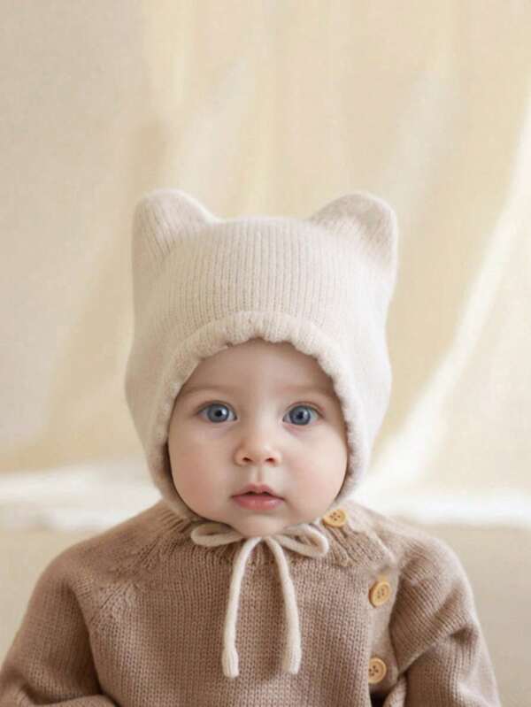 1pc 3-12 Months Baby White Knitted Hat With Double Horns, Warm Autumn/Winter Baby Hat, Cute Cartoon Baby Hat Collection