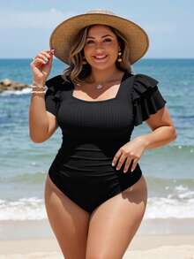 Swim Lushoire 大码夸张荷叶边泡泡袖连体泳衣，适合夏季度假 - 黑色 - 查看 3