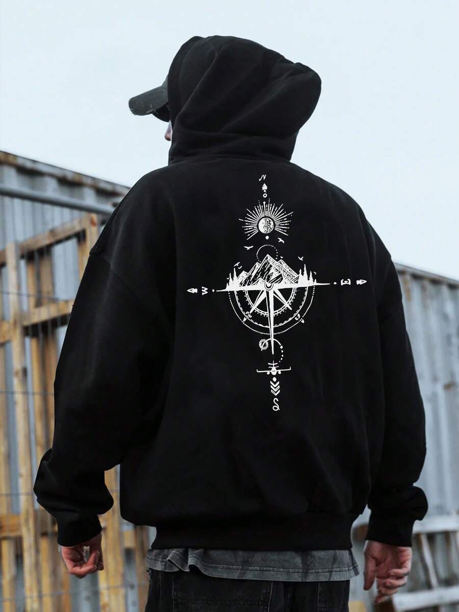 Sudadera Casual de Otoño Invierno para Hombre - Impresión de Brújula del Universo Geométrico Verde Oscuro, Sudadera Holgada, Diseño de Cordón, Cuidado de Lavado a Mano, Moda de , Costura de Alta Calidad, Estilo Urbano, Esencial de Otoño - Negro - Ver 1