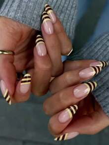 10pcs Handmade Almond-Shaped Yellow & Brown Criss-Cross French Striped Cute Minimalist Chic False Nails - Multicolor - View 11