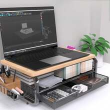 Elevador de Monitor con Cajón y Cestas Laterales | Soporte de Escritorio con Superficie de Madera Monitor Stand with Drawer and Side Storage Baskets | Wooden Desktop Riser - Multicolor - Ver 4