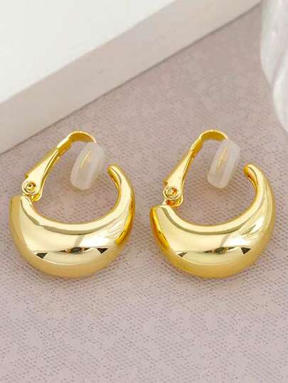 1pair New Gold Color Round Chunky Clip Earrings For Women Smooth Metal Thick Non Pierced Hoops Fashion Jewelry