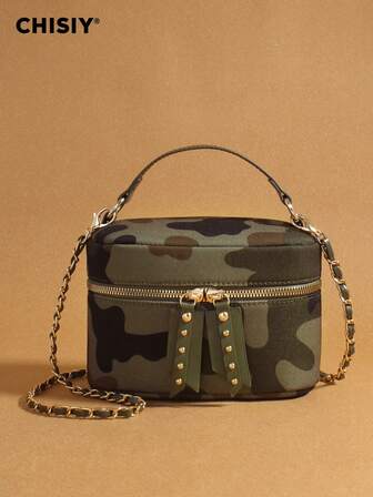 Bolso de cubo con cordón de remiendo verde camuflaje hecho a mano, bolso de mano de chica salvaje, cierre de cremallera doble, bolso de hombro versátil, adecuado para la diosa sexy, aplicable para compras, fiestas, reuniones, campus, regalos y talla grande ocasiones