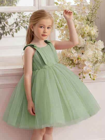 Young Girl Spaghetti Strap Bow Tulle Party Dress, Flower Girl Dress, Princess Dress, Suitable For Children's Birthday Party, Flower Girl Wedding, Prom, Important Occasions, Holiday Celebration