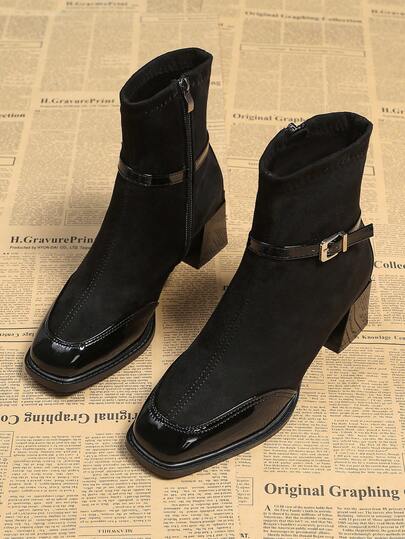 2025 Autumn/Winter New Retro French & British Style Black Square Toe Leather Suede Short Boots For Women, Side Zipper Slim Fit Chunky Heel Buckle Strap Fashion Dress Boots, Elegant