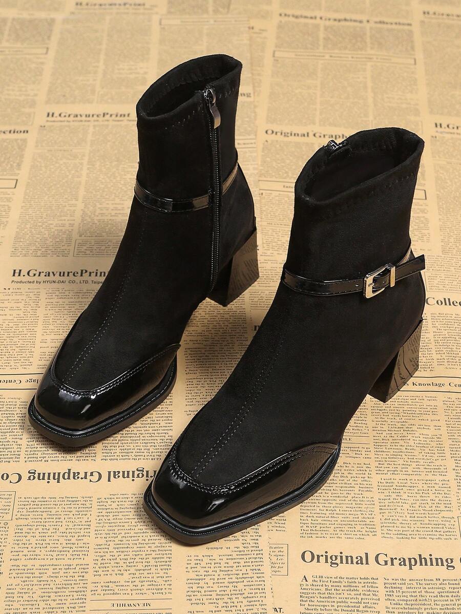 2025 秋冬新款复古法式英伦风黑色方头皮革绒面短靴女款，侧拉链修身粗跟扣带时尚正装靴，优雅 - 黑色 - 查看 1