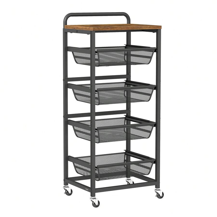 VASAGLE Carrito de Almacenamiento con cestas extraíbles, Carrito de Cocina de 5 Niveles con Ruedas, asa, 12.5 x 15.8 x 37.4 Pulgadas, Color café rústico y Negro - marrón amarillento - Ver 1