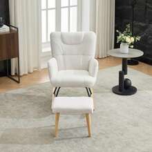 Schaukelstuhl Ergonomisch Including Fußhocker, Stabilizer Gummiholzrahmen, White, Der Um 30 Grad Schaukeln Kann, Stuhl Mit Hoher Rückenlehne & Fußstütze, Relaxsessel, Gepolsterter Relaxsessel Für Wohnzimmer - White - View 4