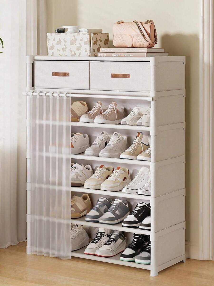 1pc Multi-Layer Shoe Rack With Curtain, Shoe Cabinet, Storage, Display Rack, With Drawer, Curtain Shoe Storage Cabinet, Large Capacity Shoe Cabinet, Suitable For Indoor And Outdoor, Suitable For Entrance, Home, Indoor, Holiday Gift - Multicolor - View 1