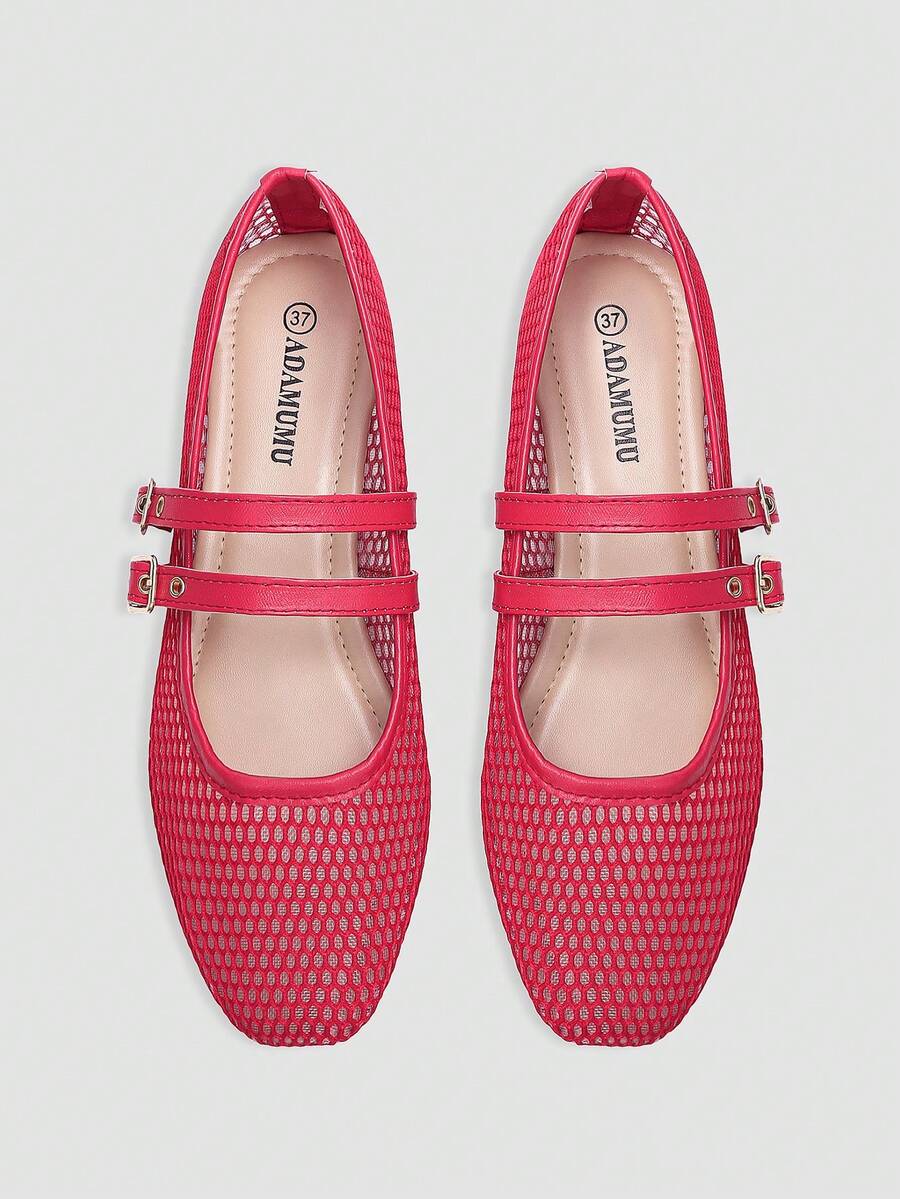 ADAMUMU 女士网眼镂空芭蕾平底鞋，轻质网眼，两个优雅扣，贴心穿孔设计，舒适透气时尚