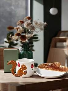 1 Set kreative Eichhörnchenschwanz-Griff, geprägtes Eichhörnchen & Ahornblatt handbemalte Keramik Kaffeetasse, Milchtasse, Frühstückstasse - Verschiedenfarbig - Übersicht 2