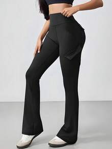 Y2K Wide Waistband High Stretch Pocket Booty Workout Lifting Athletic Gym Flare Leg Leggings Cargo Pants - Black - View 4