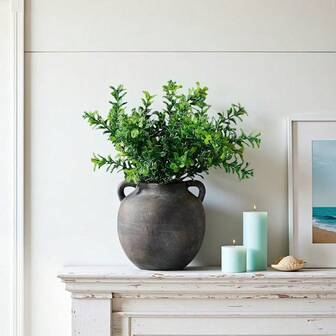 1个带把手的陶瓷复古花瓶，手绘陶土花盆装饰，复古花卉花瓶，适用于插花、植物，可用于客厅、餐桌、办公室、玄关、感恩节等场合。