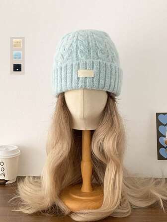 Knitted Hat For Women, Autumn/Winter, Korean Style, Versatile, Large Circumference, Knitted Hat, Face-Slimming, Warm, Ear Protection, Simple, Fashionable, Versatile, Letter Patch, Plush, Warm, Thick, Powder Blue, Head Wrap, Ear Protection, Warm