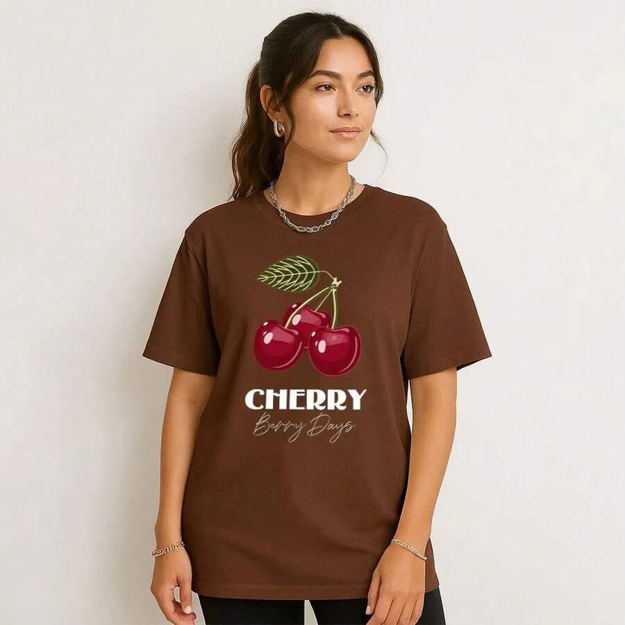 Women's Cherry Print T-Shirt Barry Days 100% Cotton Free Fast Shipping - 鏽棕色 - 查看 1