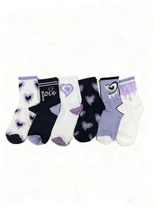 6 Pairs Women's Cartoon Printed Crew Socks, Attractive Street Style Versatile, American Vibe, Autumn/Winter - Multicolor - View 9