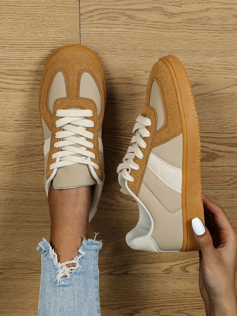 Women's Flat Casual Sneakers, Light Brown Color-Blocked Rubber Sole Sneakers, No Print, Lace-Up Style, Suitable For Both Men And Women As Couple Shoes, Outdoor Hiking Casual Shoes, Ideal For Holiday Gifts - Light Brown - View 1