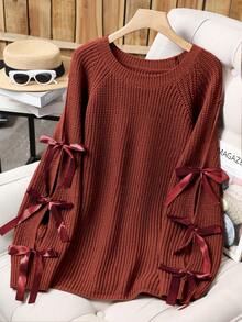 Plus Size Casual Round Neck Bowknot Contrast Color Knit Pullover Sweater - Rust Red - View 3