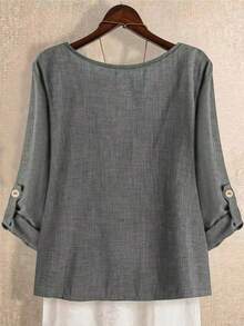 大码女式纯色不对称领时尚卷袖长袖衬衫，配系带，适合所有季节，春季款 - 灰色 - 查看 2