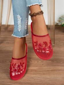 女士经典复古手工串珠花卉装饰平底沙滩凉鞋，网面透气，EVA鞋底轻便柔软，室内拖鞋，百搭穆勒鞋，一脚蹬，波西米亚风时尚凉鞋，适合万圣节、圣诞节、新年派对等场合，红色 - 紅色 - 查看 5