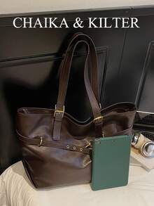 CHAIKA & KILTER 纯色 PU 面料单肩包，女士复古休闲大容量单肩手提包，大学生背包，肩带饰有荷叶边，双提手，磁扣，适合旅行、购物、约会、送给女性的礼物，适合少女、大学生、年轻职业人士、办公室、学校、工作、商务、通勤、户外、旅行、野餐等场合。 - 咖啡 - 查看 4