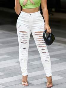 Women's Ripped Skinny Jeans - Destroyed Denim, Mid-Rise Stretch, Comfort Fit Casual Pants - White - View 5