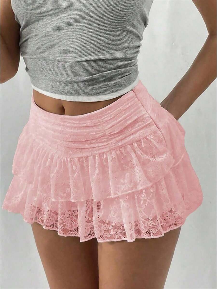 Women Cute Lace Mini Skirt Y2k High Waisted Flowy Layered Short Ruffle Skirt Going Out Ruched A-Line Skorts - 粉色 - 查看 1