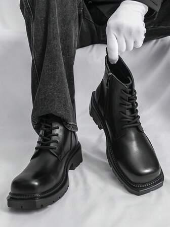 Men's Black Boots Office Party Casual Style Square Toe Lace Up Boots Motorcycle Boots Pu Top Chelsea Boots