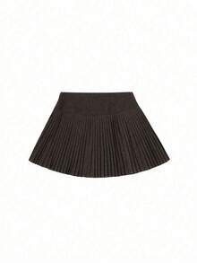 Women's Fashionable Pleated Mini Skirt, Non-Stretch Woolen Fabric, Casual A-Line Knee-Length Skirt, Suitable For Autumn/Winter - Coffee Brown - View 5
