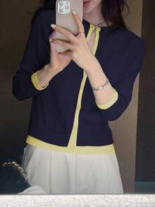 女款休閒極簡圓領針織上衣，撞色 2 合 1 長袖毛衣開襟衫，輕量外套，適合春夏秋季 - 藏青色 - 查看 3